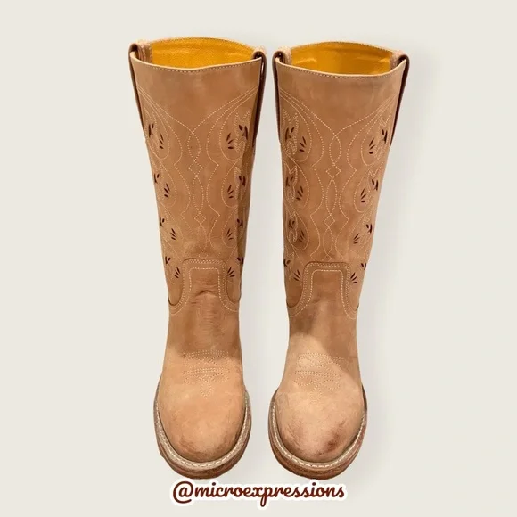 VINTAGE 1980 Frye Austin Tan Brown PullOn Leather Floral Embroidered Cowboy Boot - Picture 6 of 12